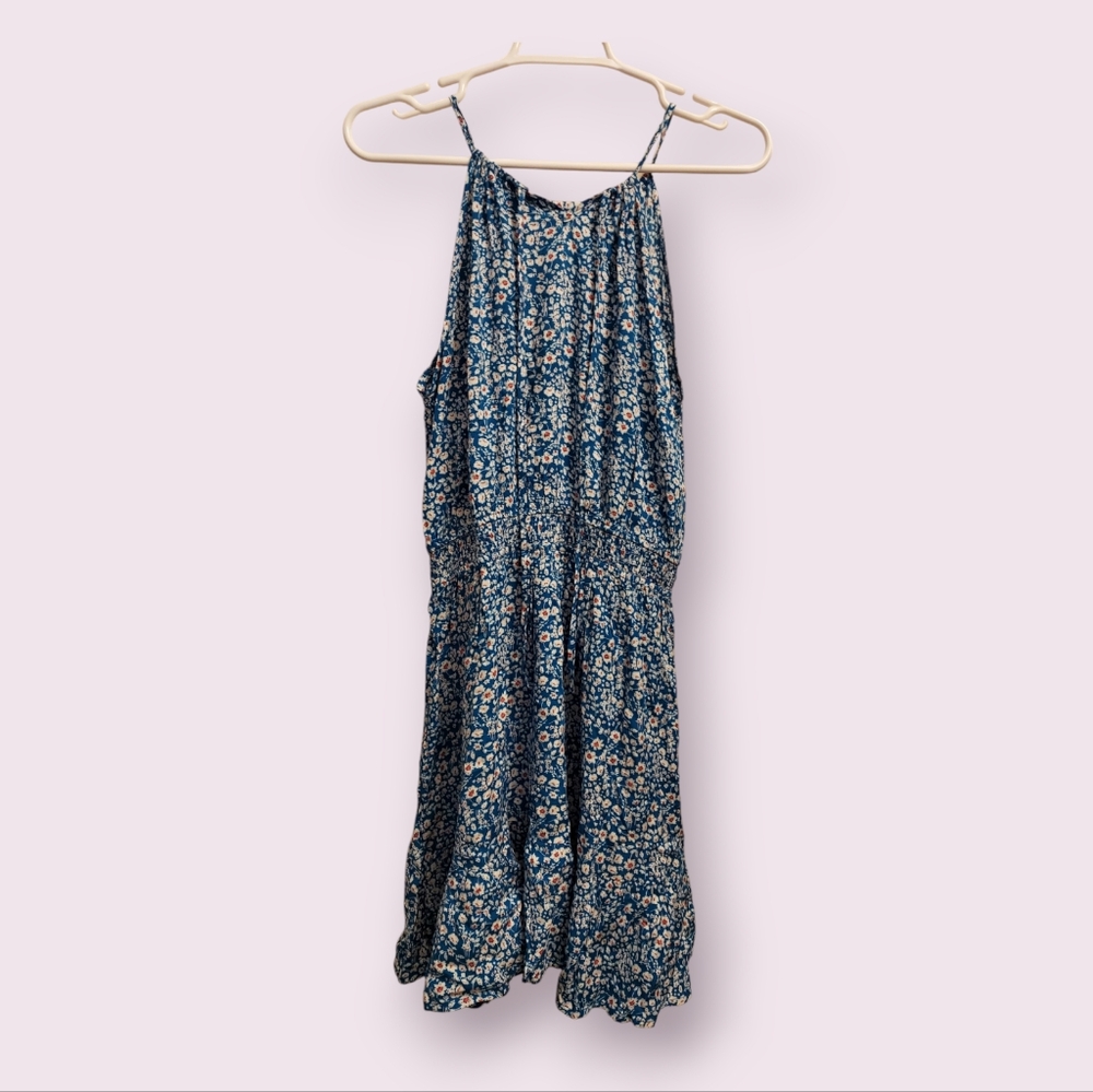 Women's Blue Floral Dress Size Medium Flower Pattern Thin Straps Mid Length